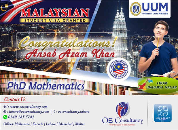 Malaysia Student Visa Grant For Phd Mathematics Through Oz Consultancy